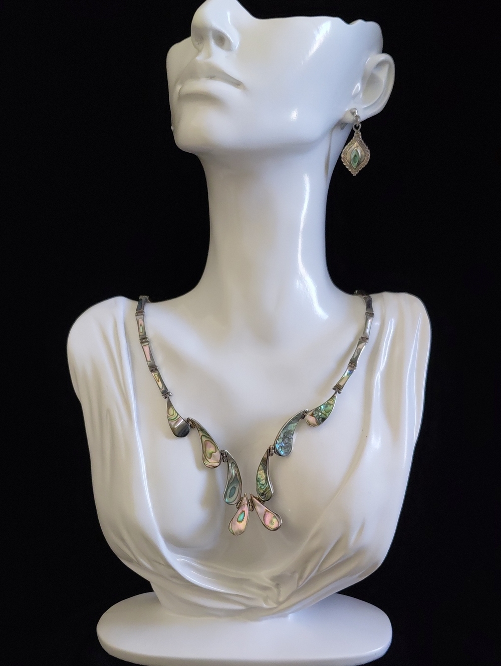 Vintage Mexico 950 Silver Abalone Necklace 925 Earrings Set